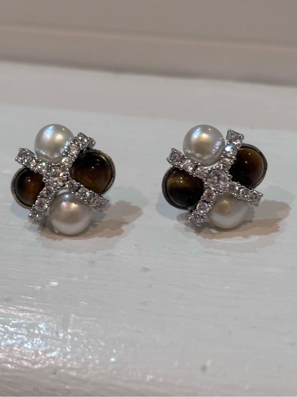 Pearl & Tiger Eye Crystal Cluster Stud Earrings